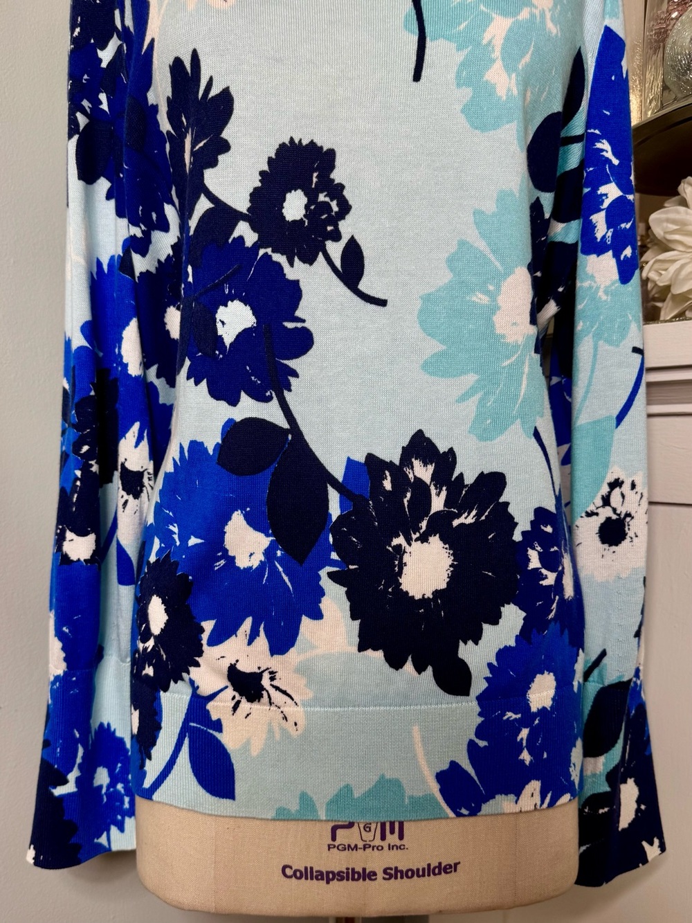 Talbots Blue Abstract Floral Puff Sleeve Sweater Lightweight Cotton Size XL - Picture 5 of 12